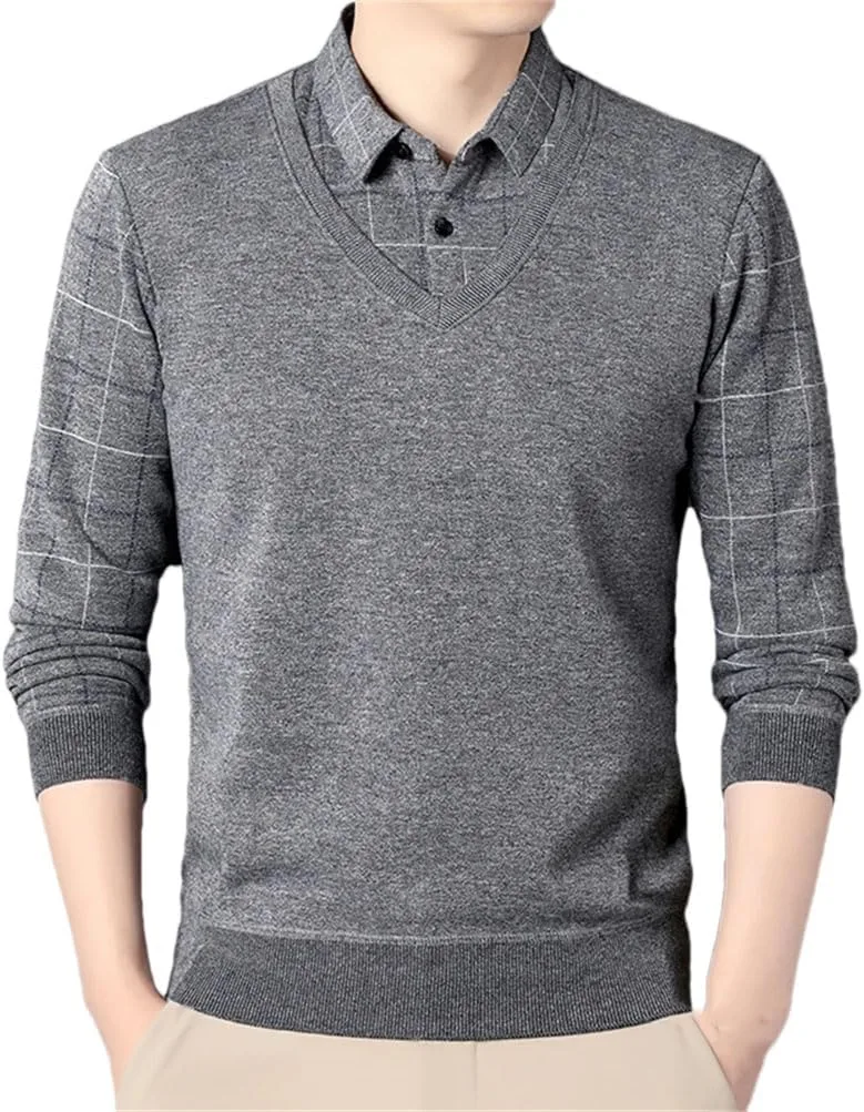 

Мужской свитер с воротником-лацканом и клетчатым принтом