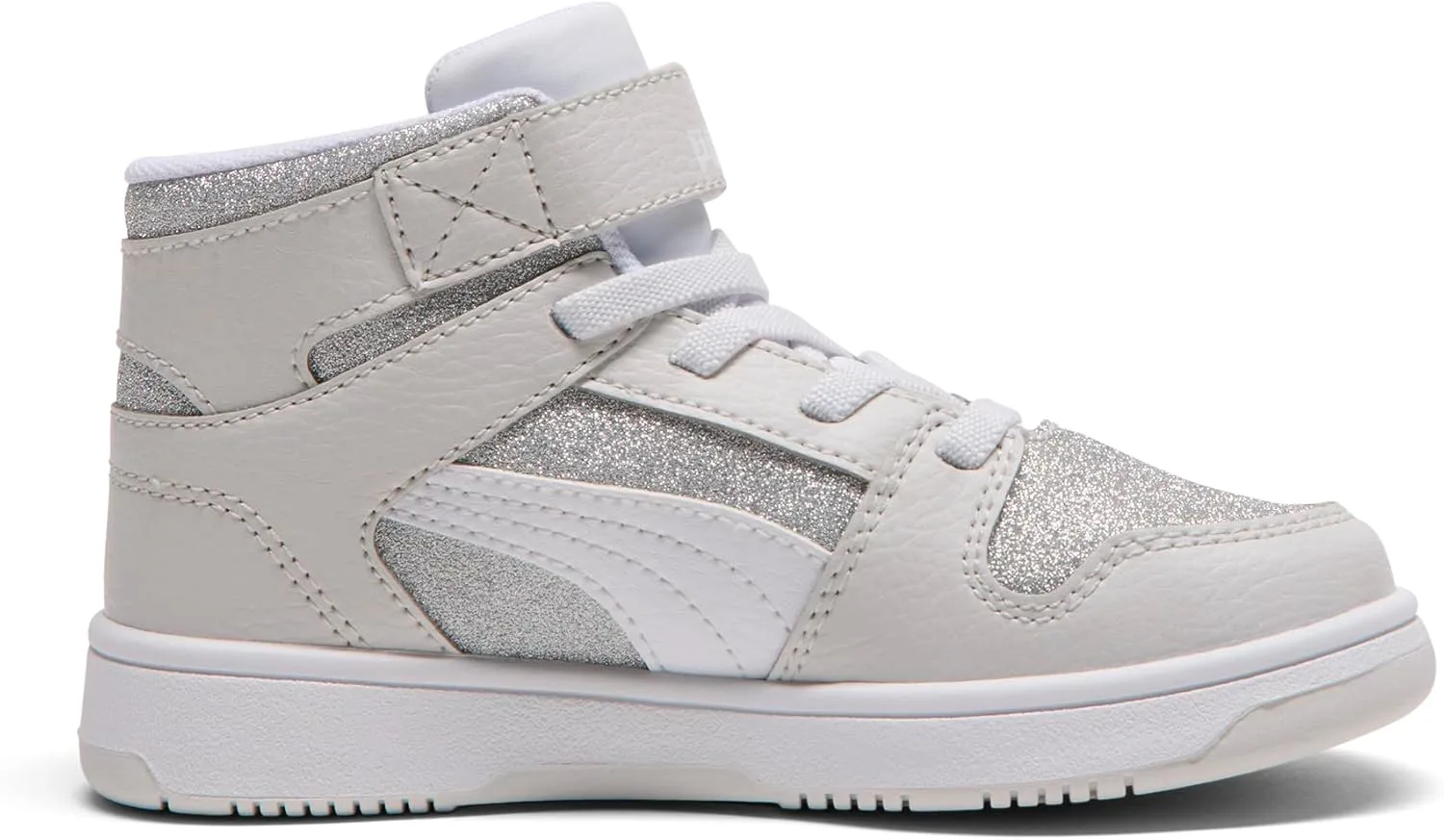 Кроссовки PUMA для детей Rebound Layup Mid на липучках, серый/белый/серебристый — фото 4