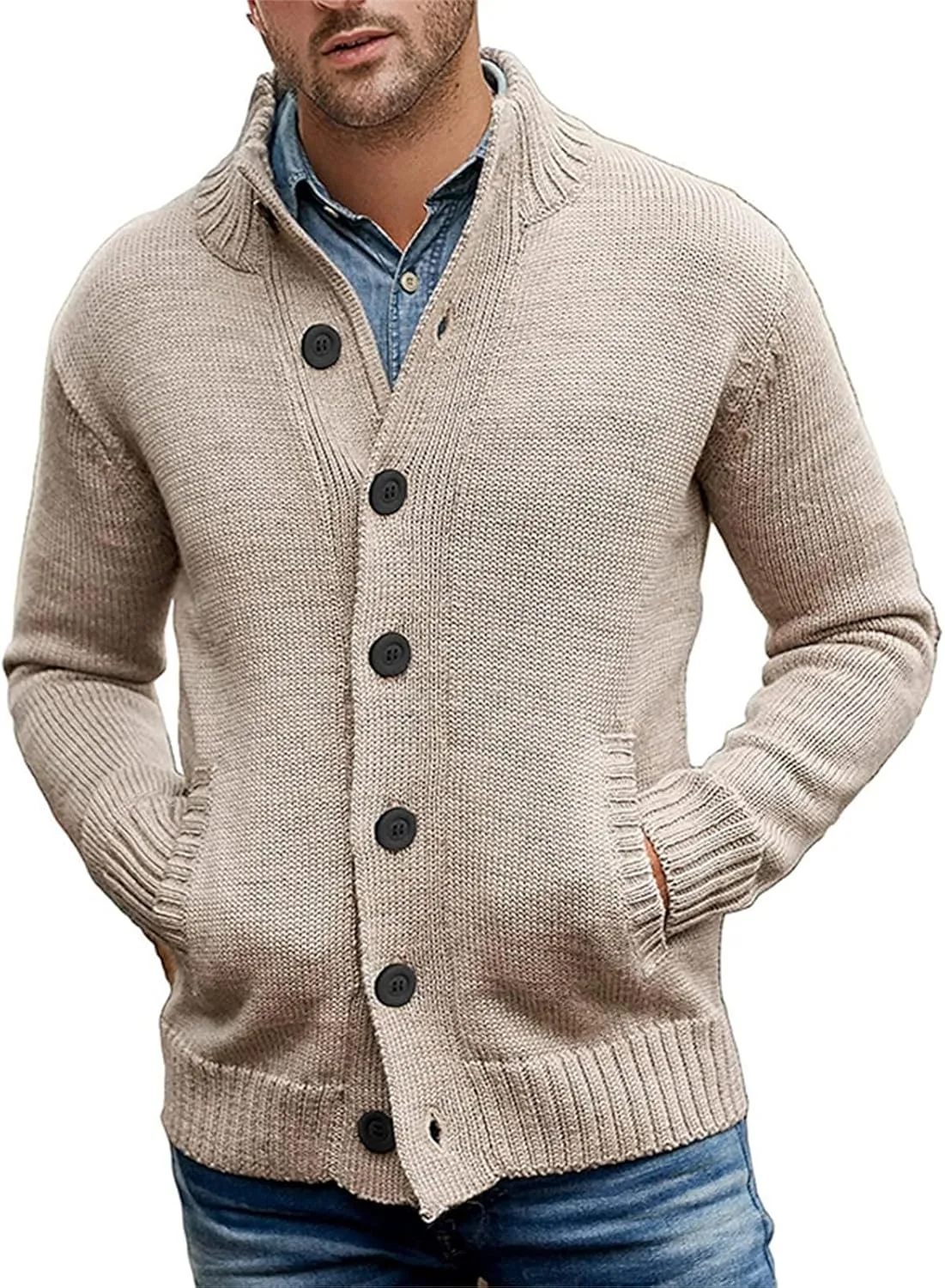 

Мужской кардиган с воротником стойкой, утепленный, на пуговицах, однотонный, приталенный, с карманами xoxingysm