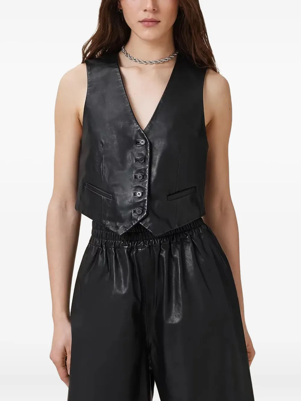 

Кожаный жилет на пуговицах AllSaints, черный