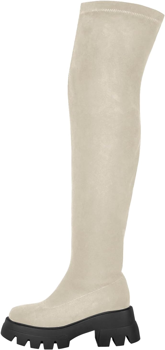 

Сапоги выше колена VERISSON с круглым носком, низким массивным каблуком, молнией, грубой подошвой и модным дизайном, бежевый