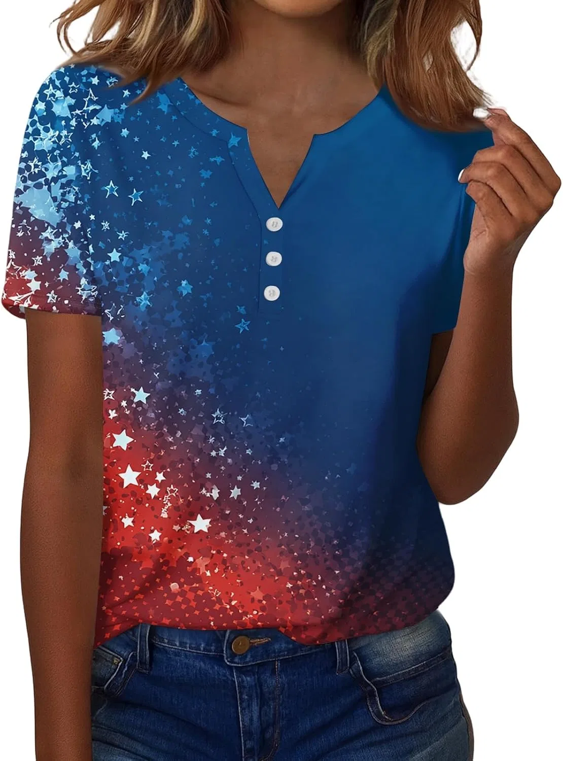 Блуза женская с флагом США, Casual Fit, короткий рукав, V-образный вырез, цвет 2-vermilion