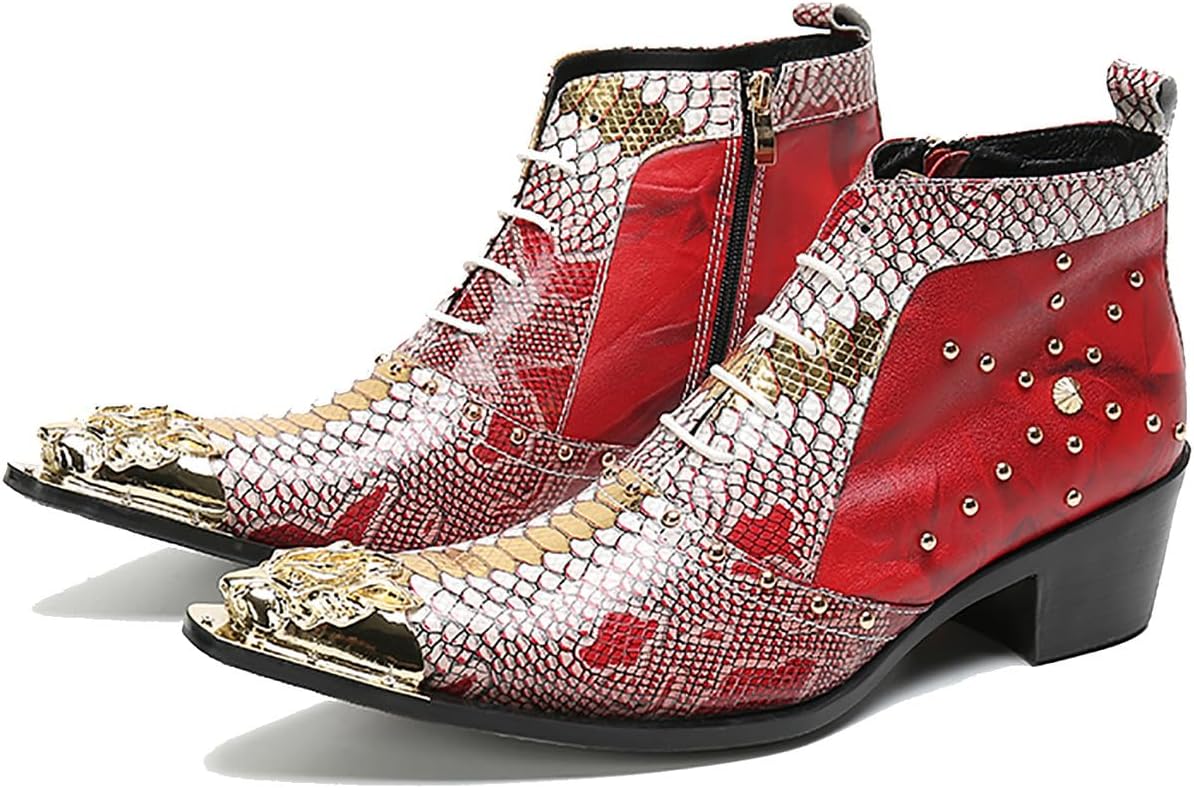 

Ботинки с низким голенищем Santimon Mens из натуральной кожи Oxford с золотым драконьим носком и тиснением под змеиную кожу с заклепками - прочные, но изысканные, для загородных баров, клубов и рок-вечеринок