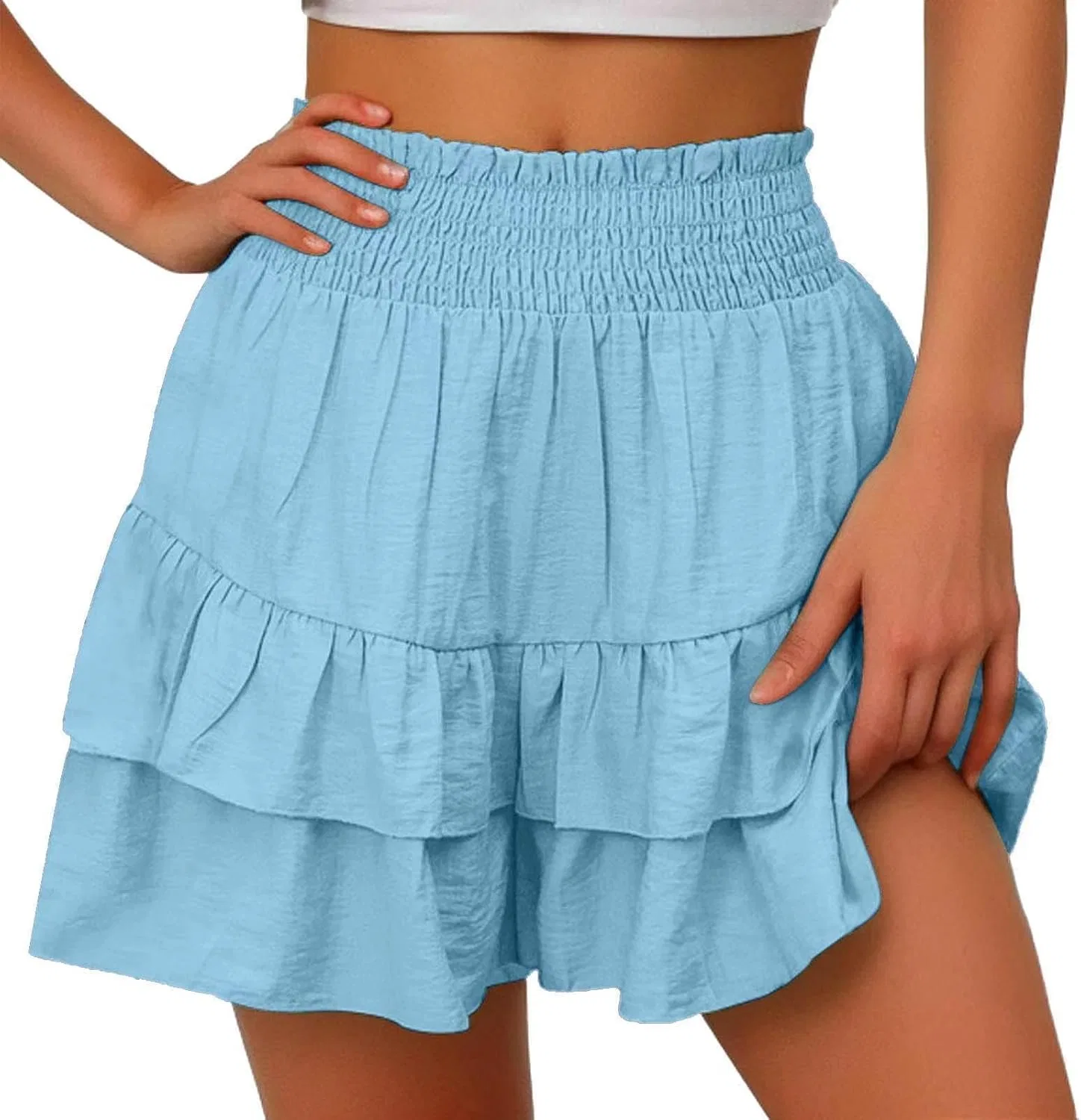 Шорты Active с высокой талией, рюшами и цветочной подгибкой, A04_light Blue