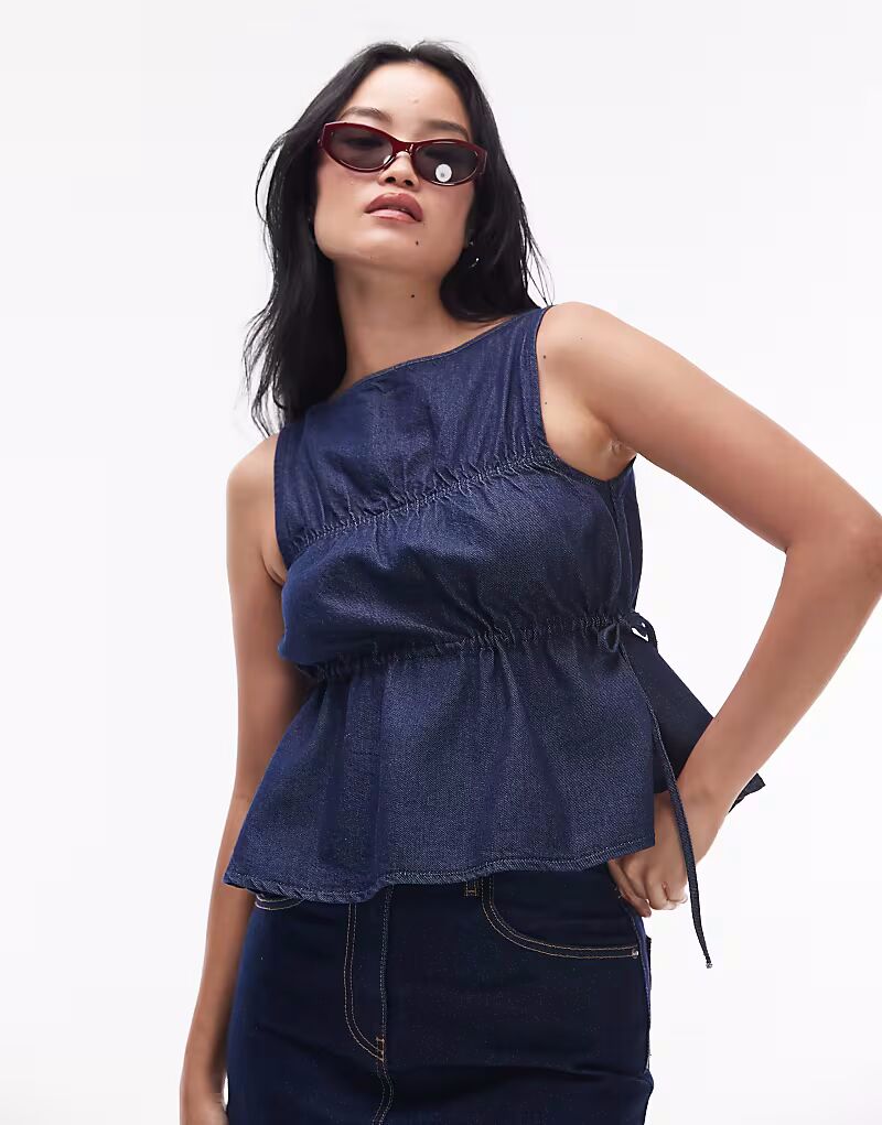 

Топ из денима Topshop со сборками по бокам цвета индиго