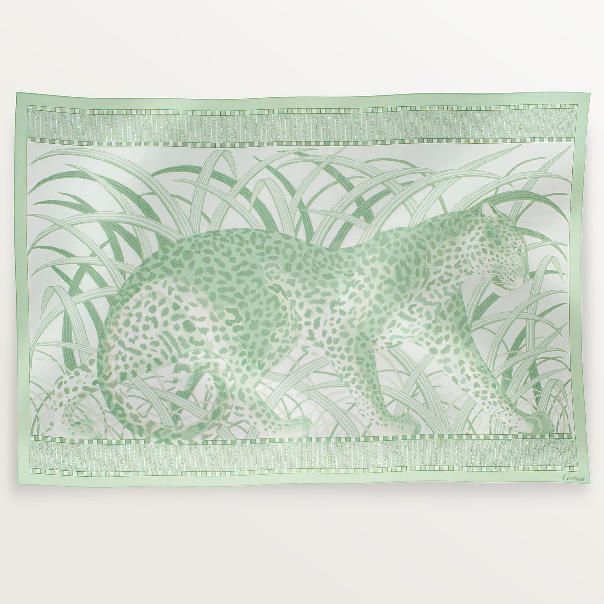

Женский платок Cartier Foulard rectangulaire Panthère in the jungle, хлопок и шелковая саржа цвета шалфея