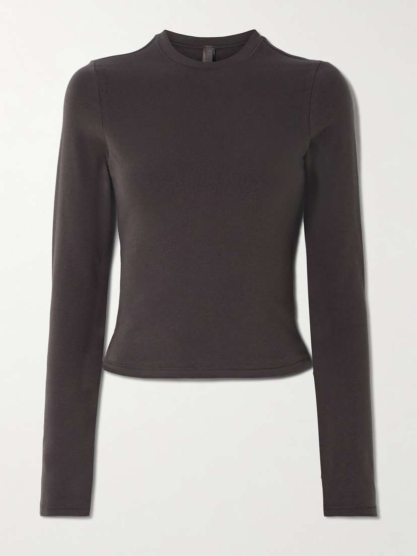 

Футболка из хлопкового трикотажа с эластичным плетением - гладить Skims, коричневый