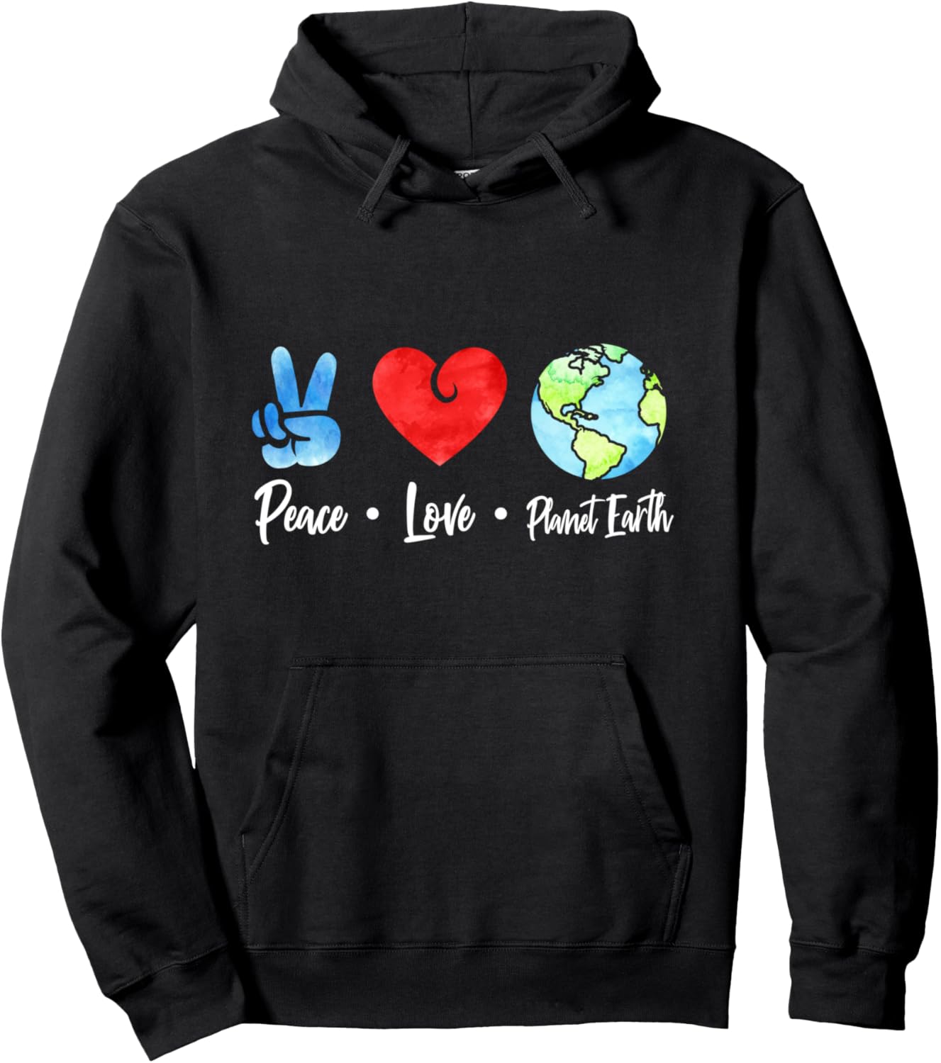 

Худи с акварельным рисунком ко Дню Земли «Мир, любовь и планета Земля» Earth Day Everyday Apparel Co., черный