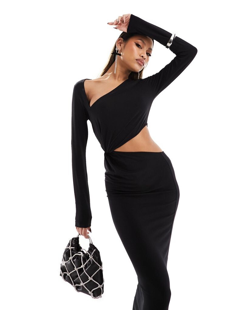

Черное платье миди с запахом и асимметричным вырезом ASOS DESIGN