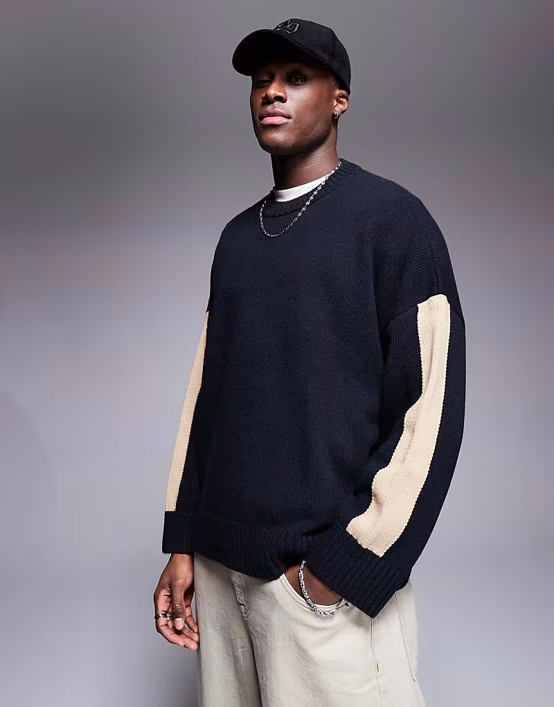 

Джемпер ASOS DESIGN большого размера с круглым вырезом и полосками на рукавах темно-синего цвета