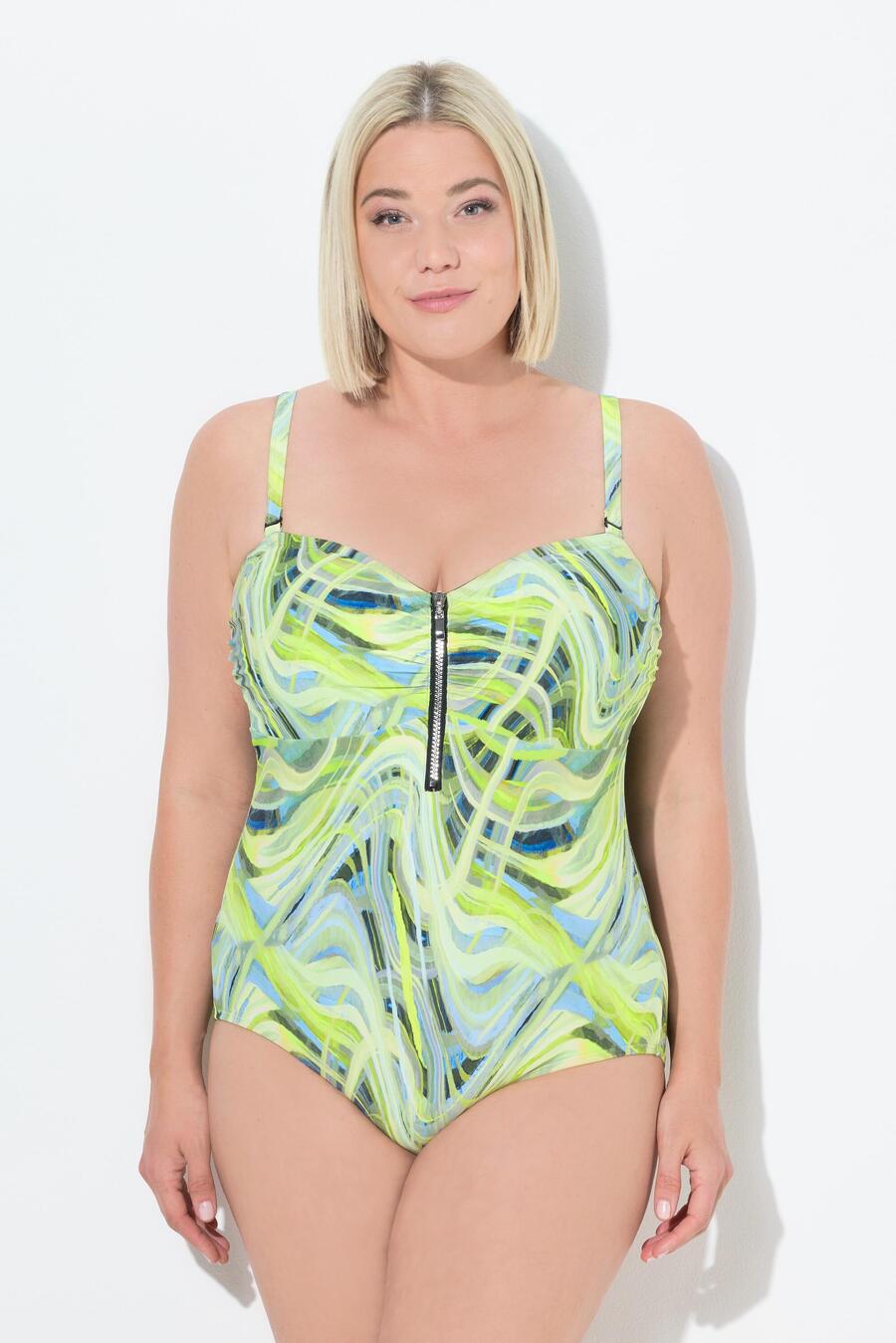 

ULLA POPKEN Женский купальник с волнистым узором, мягкие чашечки, застежка-молния