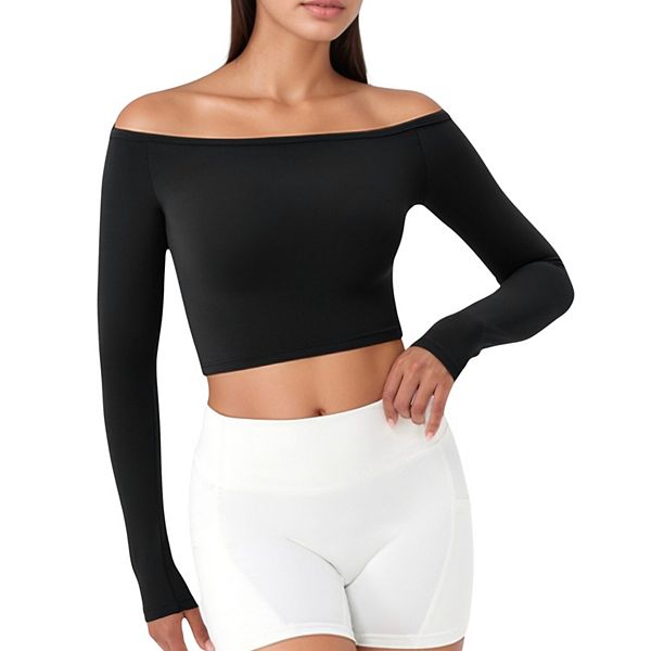 

Женский топ-кроп с длинными рукавами и открытыми плечами из легкой эластичной ткани Anna-Kaci, Black