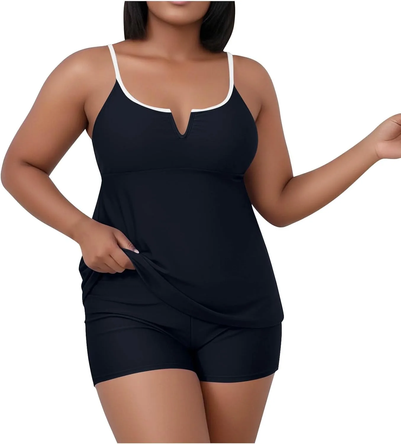 Plus Size Tankini Swimsuit для женщин, двухкомпонентный купальник с встроенным бюстгальтером, топ-майка и шорты-бойфренды, скрывающий живот Generic, темно-синий