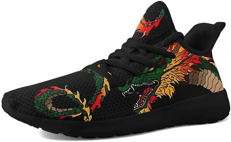 

Мужские динамичные кроссовки для бега по дорогам с принтом дракона, легкие прогулочные кроссовки с мифическим дизайном, черные стильные теннисные туфли AWSOLE, черный/зеленый