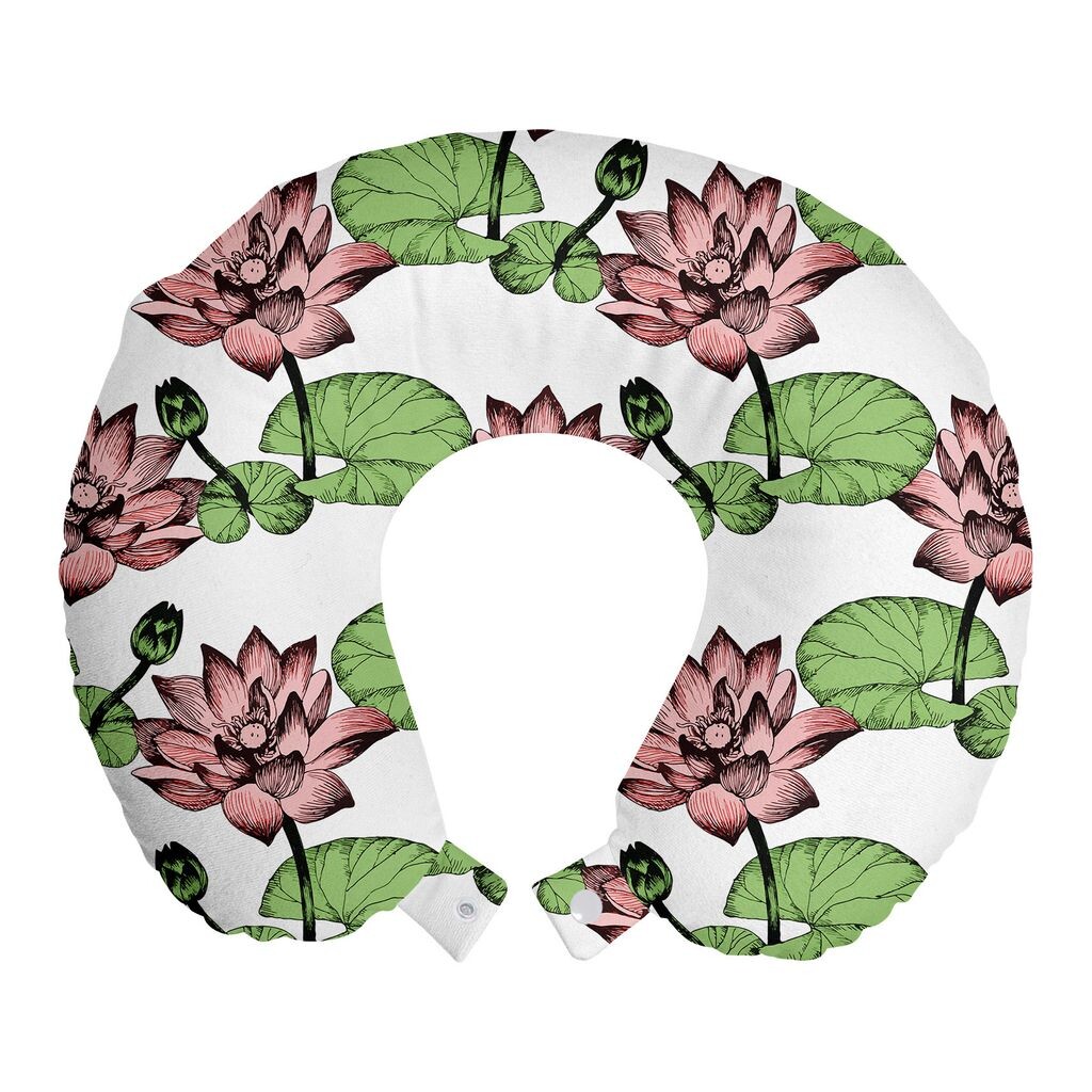

ABAKUHAUS Подушка для путешествий Lotus Travel Pillow, Asian Water Flowers Art, Пенопластовые дорожные принадлежности для самолета и автомобиля, 30x30 см, Белая роза и зеленый