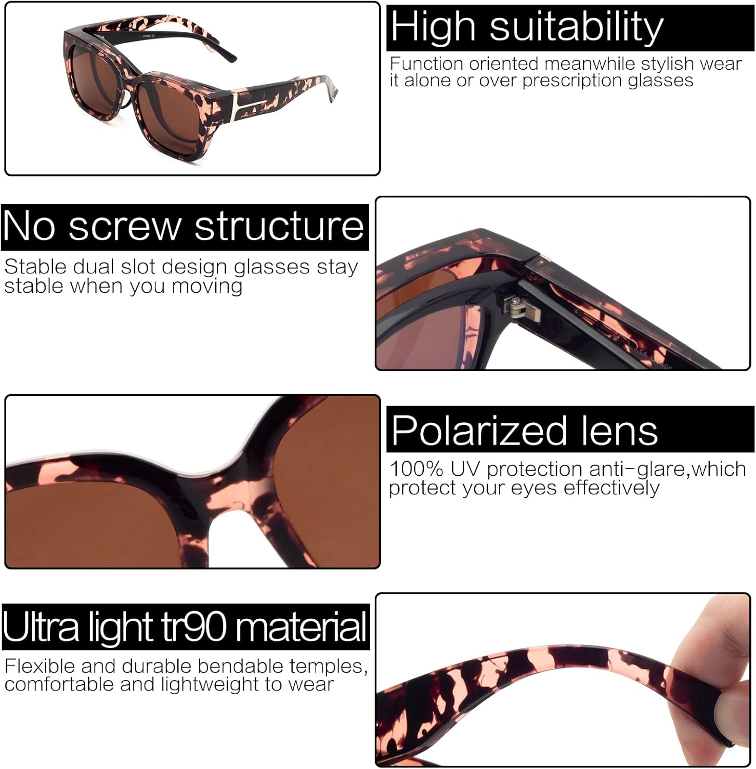 

Солнцезащитные очки с поляризованным покрытием, надеваемые поверх обычных очков, для женщин, квадратной формы, с защитой от УФ-излучения, легкие Face Shadow, Tortoise Frame/Brown Lens