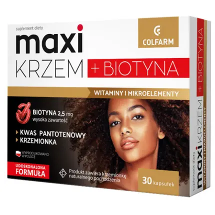 

Maxi Krzem 30 капсул - Кожа Волосы Ногти Кремний Биотин Цинк Витамины, Colfarm, Коричневый, Maxi Krzem 30 капсул - Кожа Волосы Ногти Кремний Биотин Цинк Витамины, Colfarm