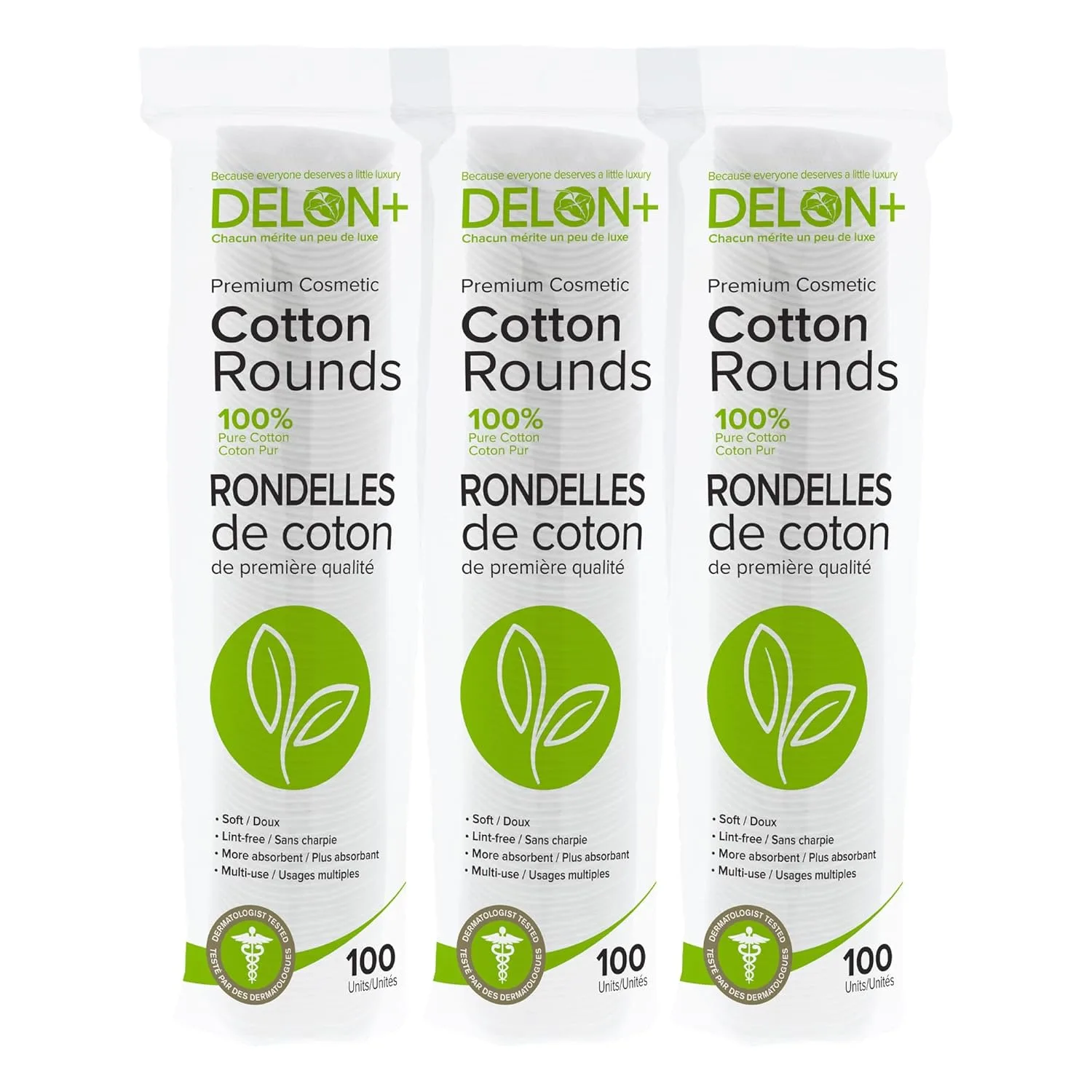 Ватные диски Delon Premium с двусторонним креплением, 100 штук (упаковка из 1 шт.) - без ворса, гипоаллергенные, 100% хлопковые диски для макияжа, ухода за кожей и ногтями - произведено в Канаде. 100 шт. (3 шт.)