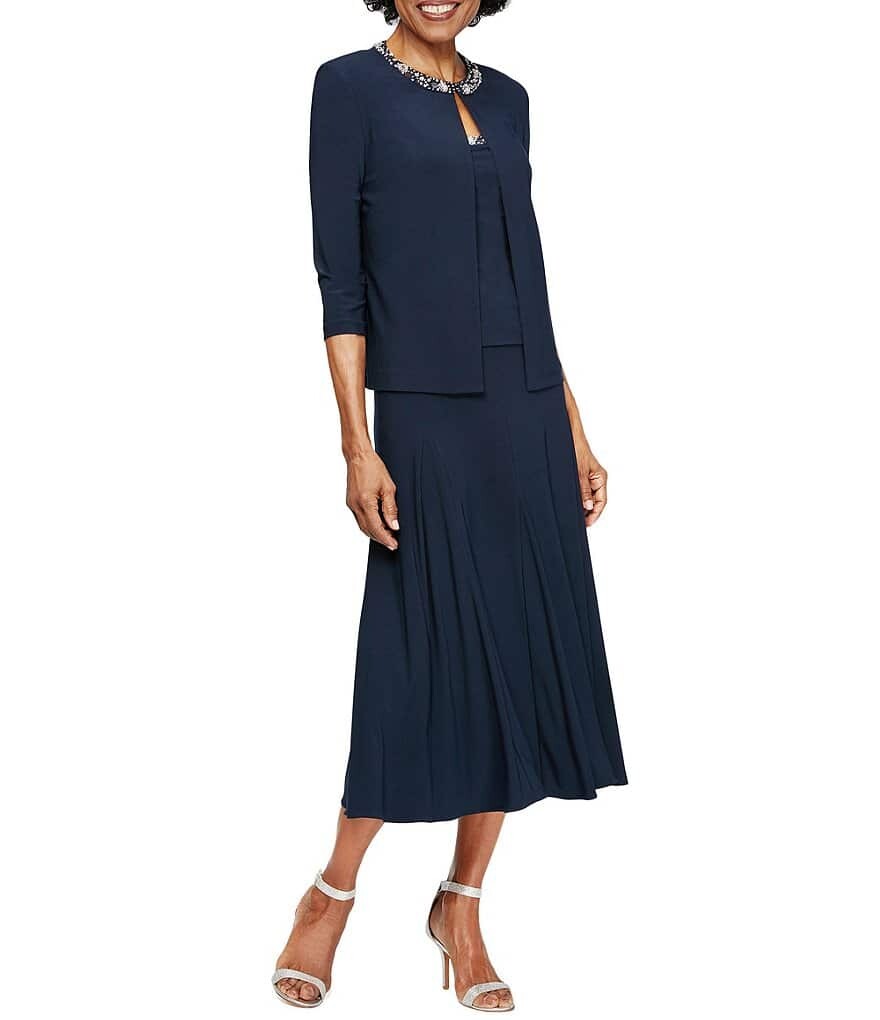 

Alex Evenings Платье-жакет из двух частей с рукавами 3/4 и круглым вырезом, расшитым бисером, синий