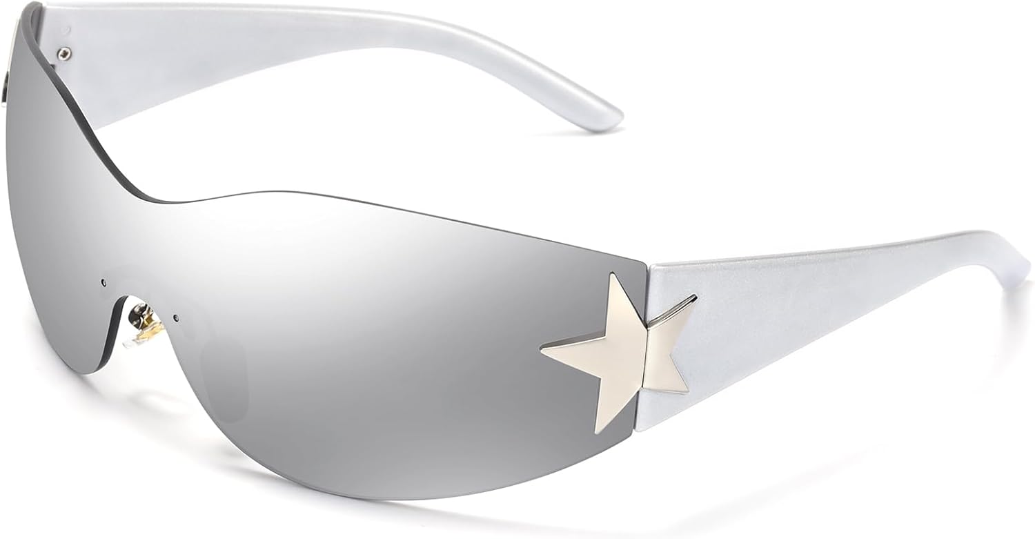 

Солнцезащитные очки без оправы в стиле Y2K для женщин и мужчин, модные солнцезащитные очки обтекаемой формы, большие безрамочные стильные солнцезащитные очки LIKSMU, Silver Frame / Silver Mirrored Lens