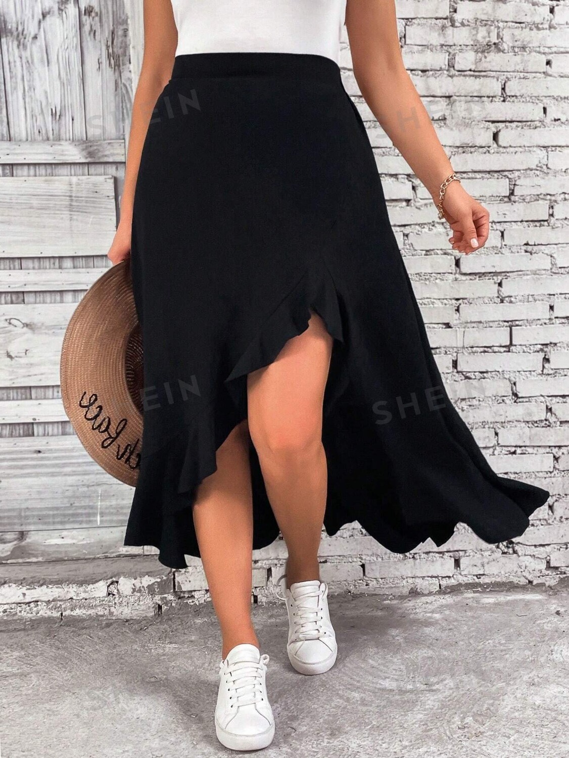 

LUNE Plus Женская юбка с рюшами и асимметричным подолом, летняя Shein, черный