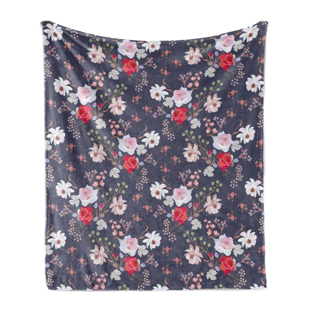 

ABAKUHAUS Flowers Мягкое фланелевое флисовое одеяло, Букет из роз Таволги и космоса в винтажном стиле, 175 x 230 см, Темный индиго и разноцветные
