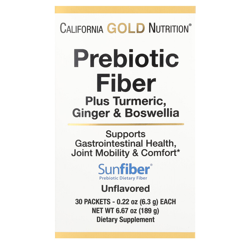 

California Gold Nutrition, пребиотическая клетчатка с экстрактами куркумы, органического имбиря и босвеллии, 30 пакетиков по 6,3 г (0,22 унции)