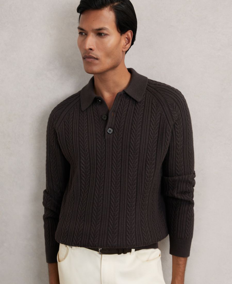 

Мужская шерстяная рубашка крупной вязки с полузастежкой на пуговицы REISS, Chocolate Brown