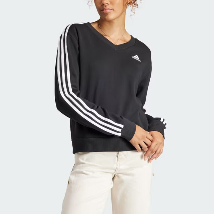 Женская толстовка Essentials с тремя полосками и V-образным вырезом, черная Adidas — фото 2