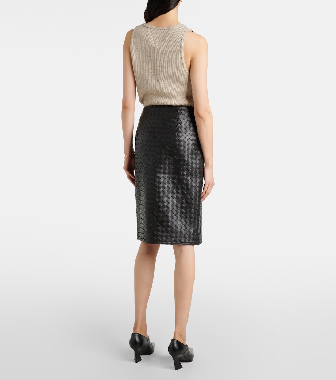 Юбка миди из кожи Intrecciato Bottega Veneta, Fondant — фото 3
