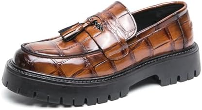 

Мужские кожаные слипоны с принтом на платформе, лоферы с круглым носком и металлическим декором, противоскользящей подошвой, деловые туфли, офиса и вечеринок Forevercan, коричневый