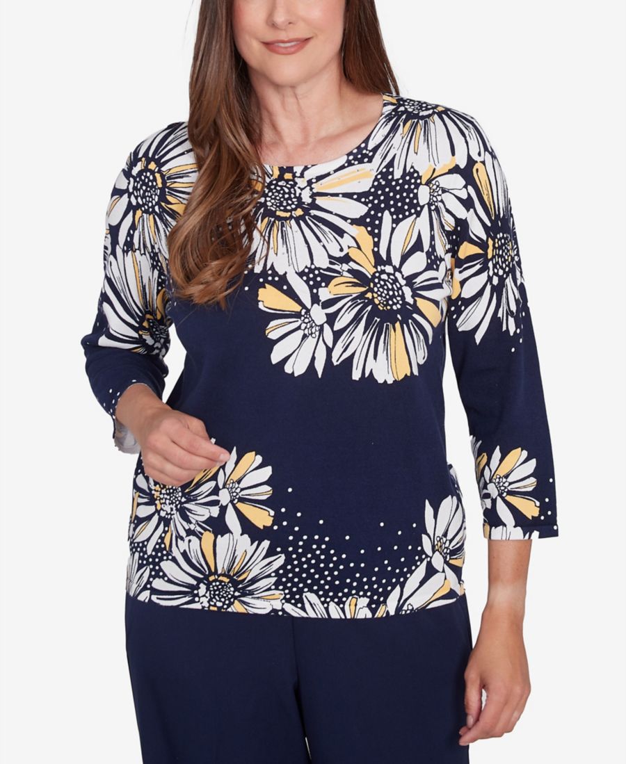 

Женский свитер Block Island с декорированным рисунком ромашек и круглым вырезом Alfred Dunner, Navy Multi