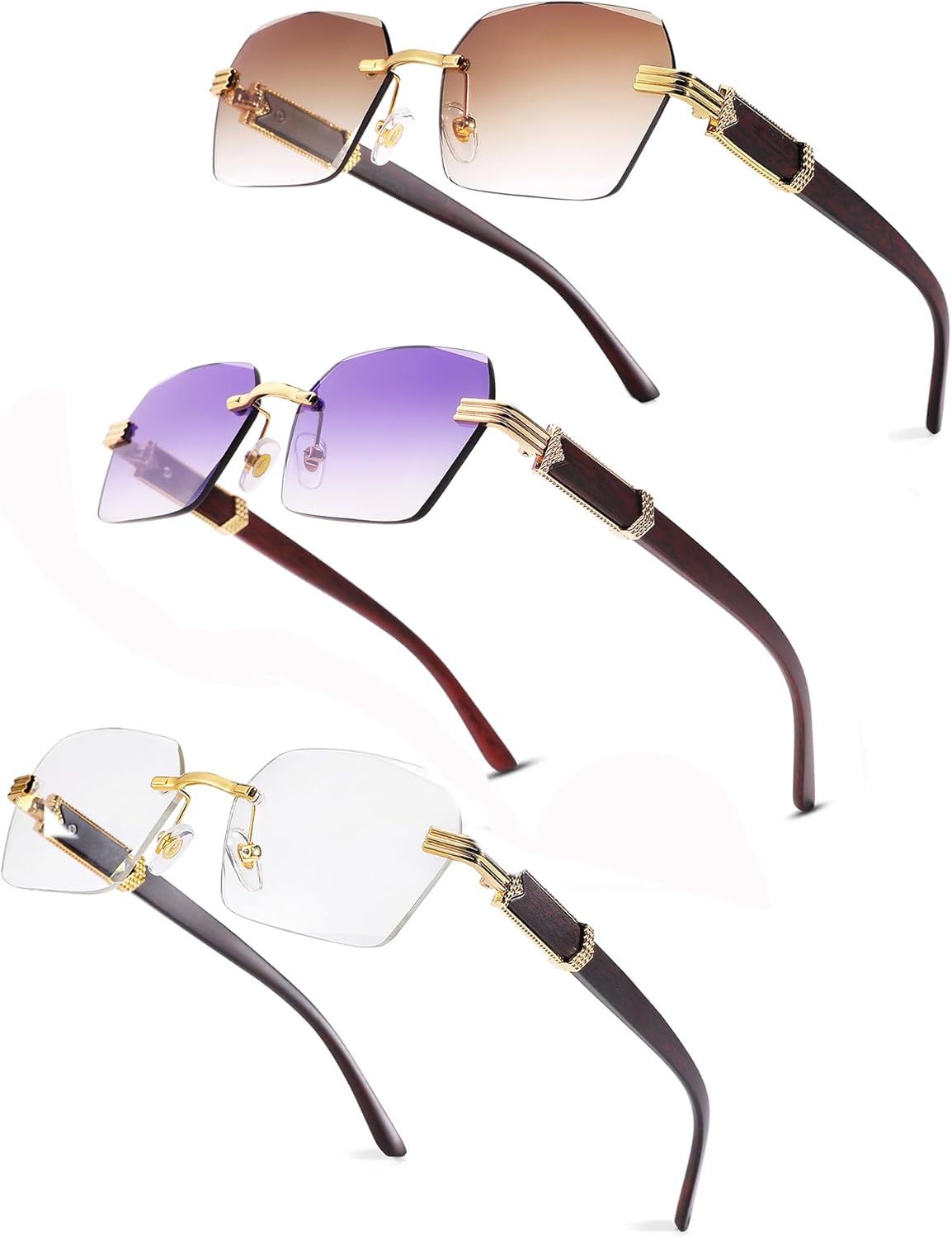 

Солнцезащитные очки Pro Acme без оправы, прямоугольной формы, для мужчин и женщин, шестиугольные солнцезащитные очки, безрамочные очки в стиле Y2K, A9 3 Pack (Clear + Brown Gradient + Purple Gradient)