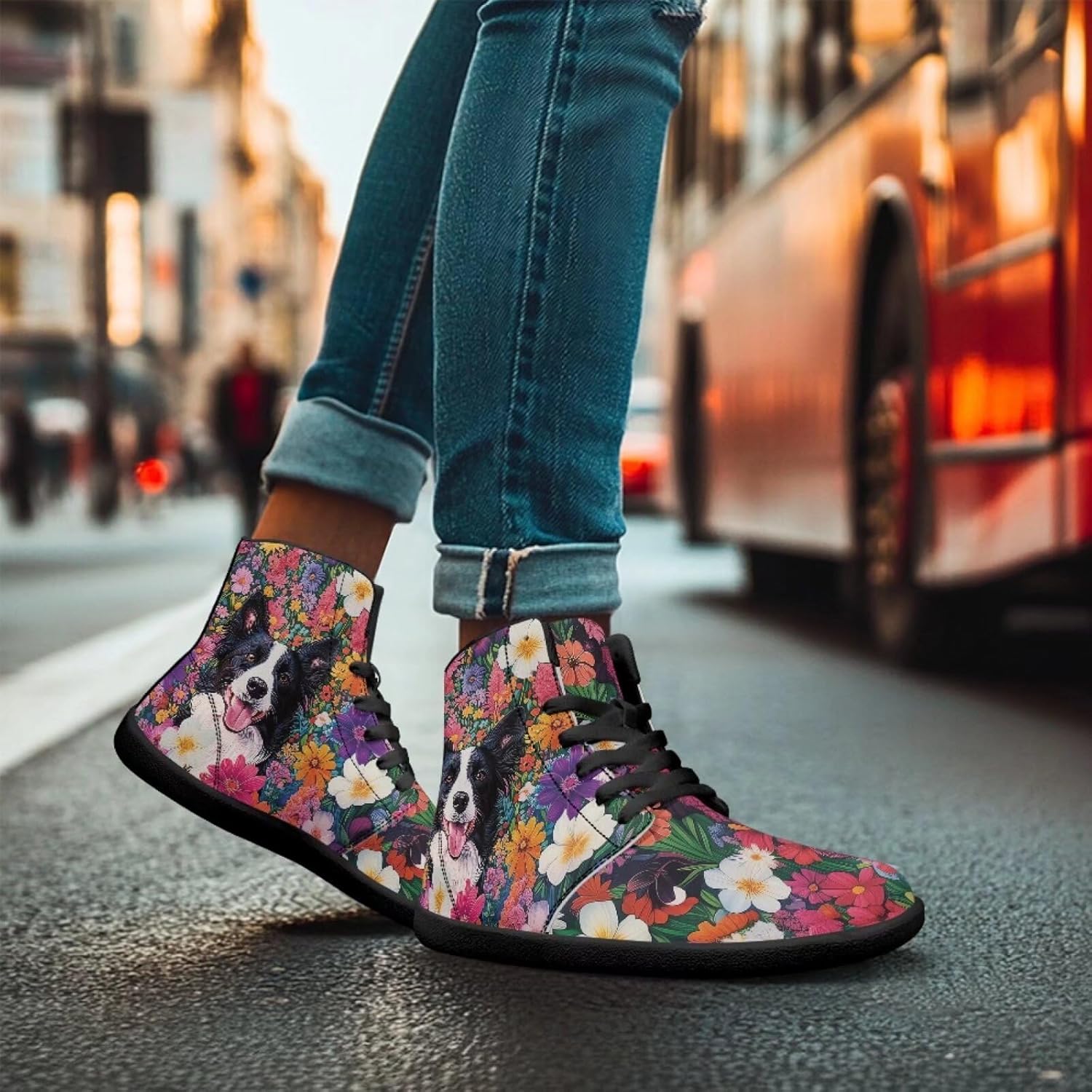 Мужские обувь Binienty Barefoot с широкой пяткой, высокие кеды с ПУ, минималистичные кроссовки с нулевым перепадом для активного отдыха, Border Collie Boho Floral — фото 3