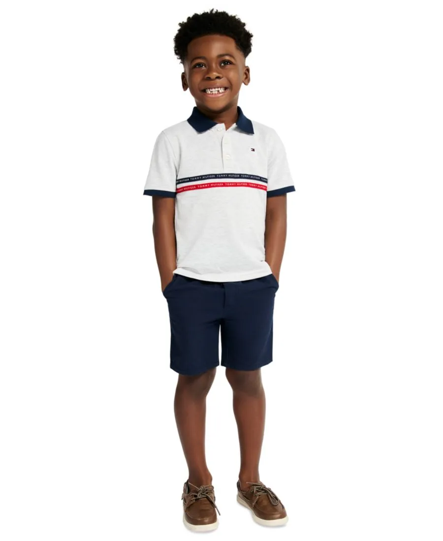Детский комплект из рубашки-поло с воротником и шорт (2 размера, 2T-7) Tommy Hilfiger, белый heather/темно-синий blazer
