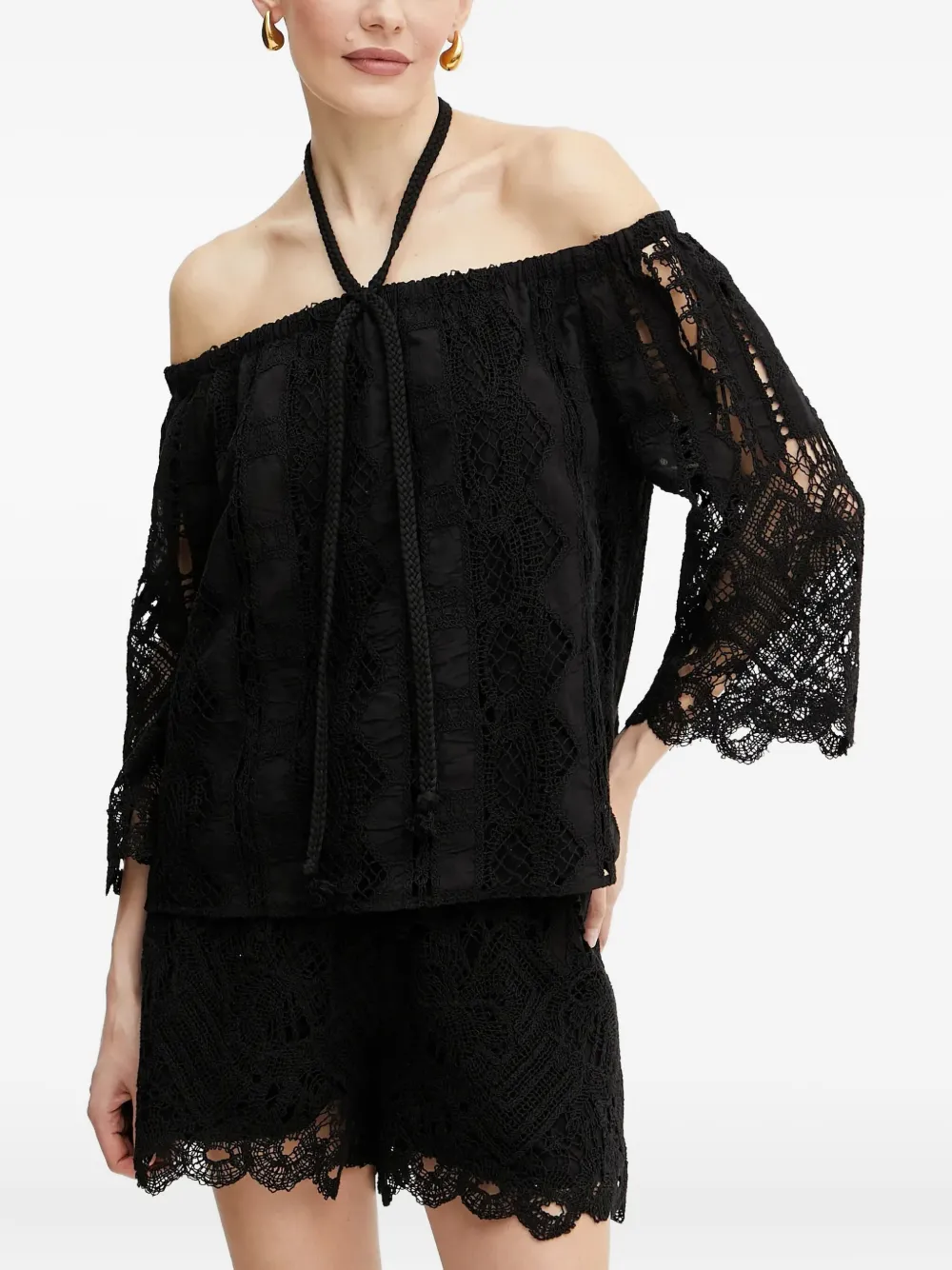 

Кружевной топ с открытыми плечами PINKO, черный