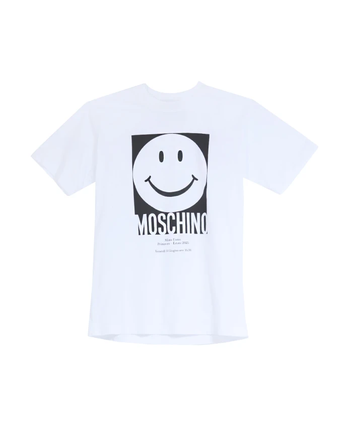 

Футболка с изображением смайлика и графическим принтом из белого хлопка. Moschino, белый