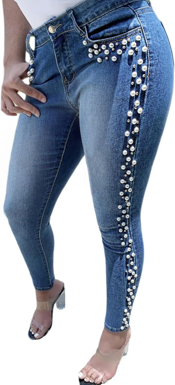 

LifeShe Women's Pearls джинсы Mid Waisted Skinny Denim Pants Stretch Slimming Jeggings Plus Size