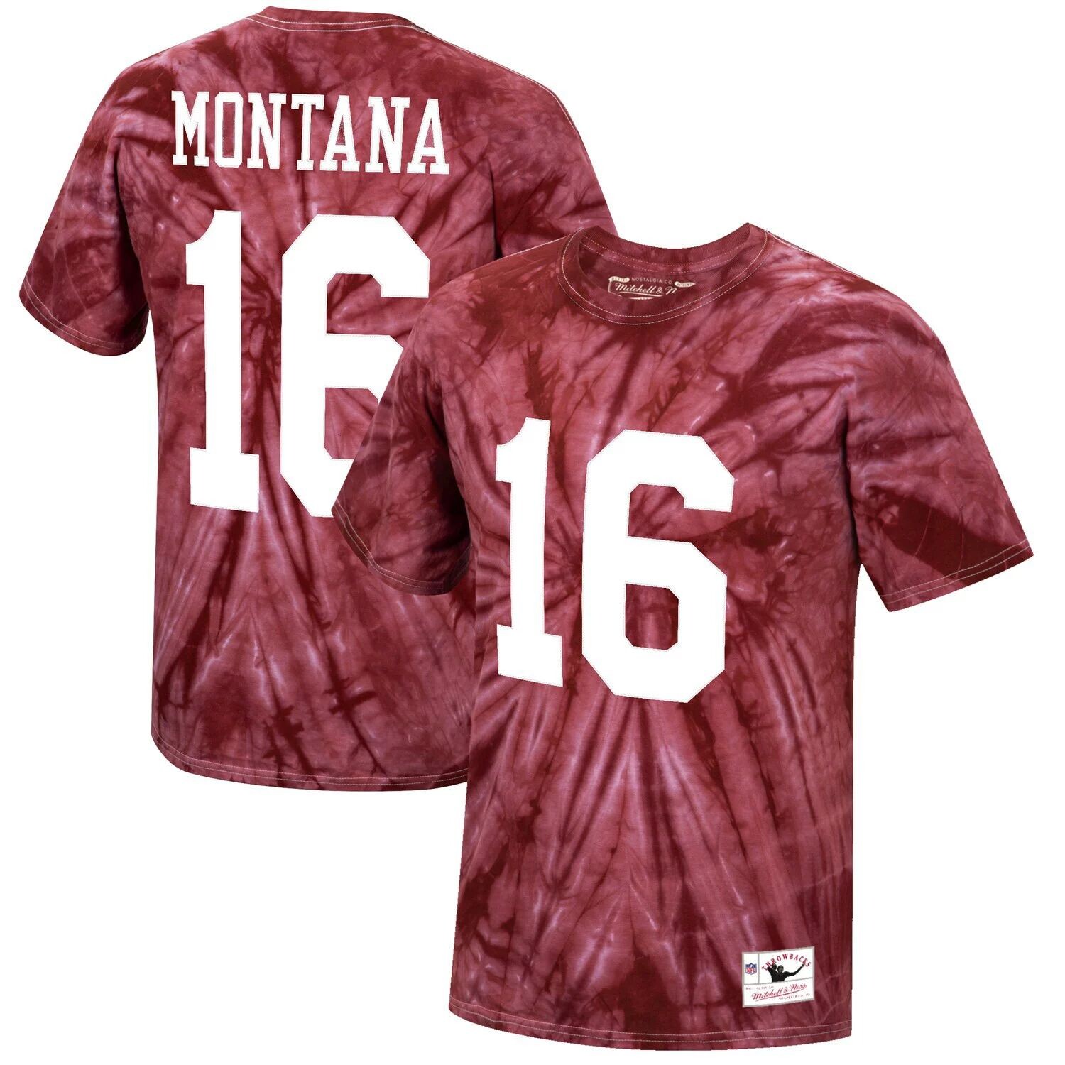 

Мужская футболка Mitchell & Ness Joe Montana Scarlet San Francisco 49ers Tie-Dye с именем и номером игрока в отставке