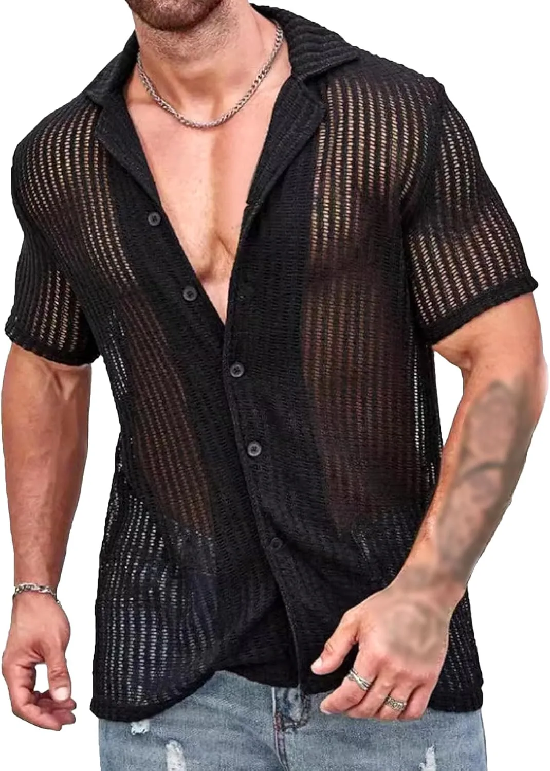 

Мужская рубашка с кубинским воротником и кружевными вставками, короткий рукав PHJTOMK