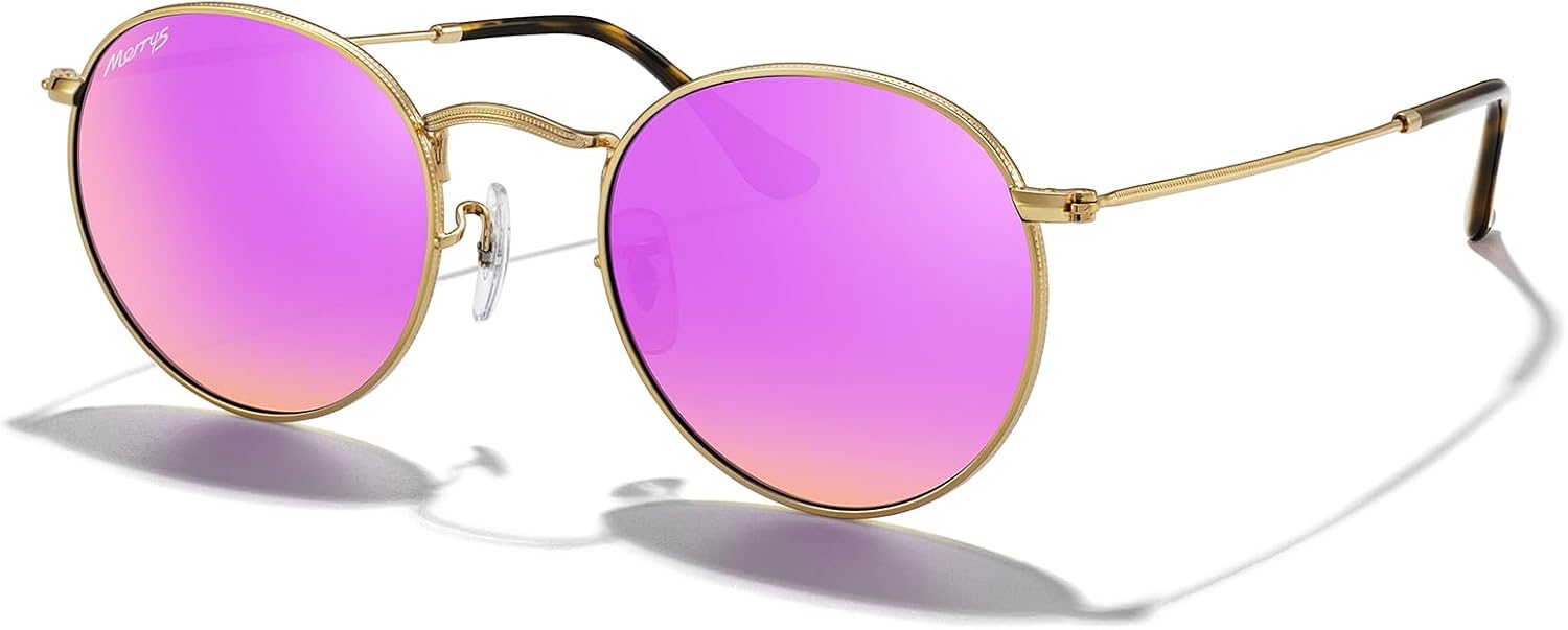 

Модные круглые металлические поляризованные солнцезащитные очки MERRY для женщин и мужчин в стиле ретро, ​​классика и винтаж, модель S6447 MERRY'S, Polished Gold Frame/Cyclamen Lens