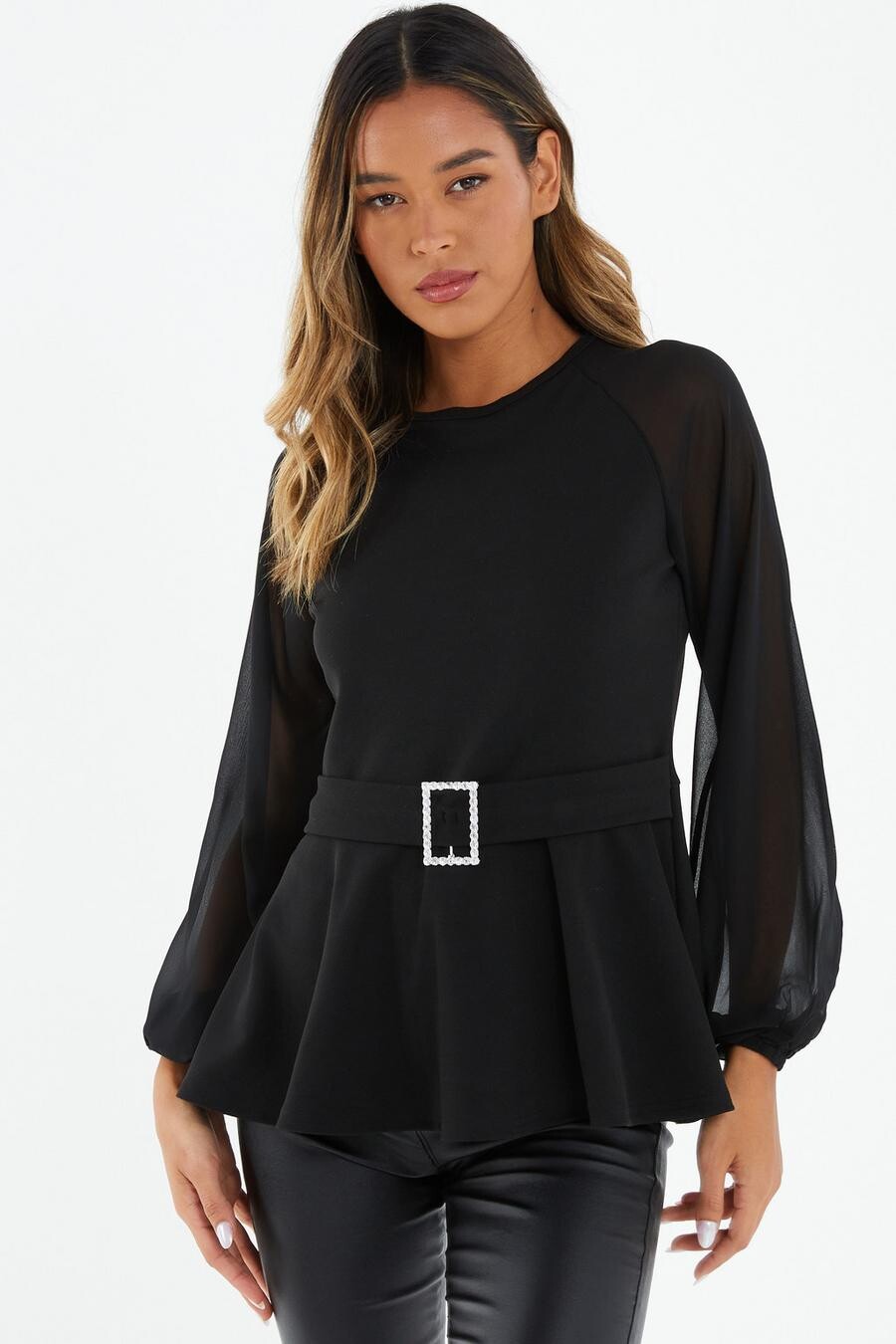 

Черный шифоновый топ с длинными рукавами QUIZ Clothing