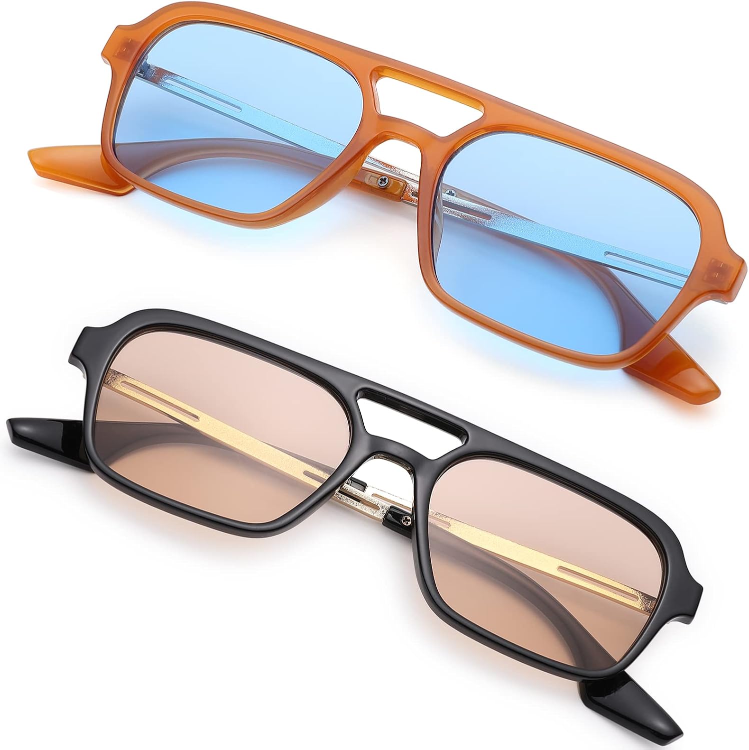 

Солнцезащитные очки Hycredi в стиле ретро 70-х, плоские, в стиле «авиатор», модные винтажные квадратные очки для женщин и мужчин, металлический дизайн, защита от УФ-излучения, 2 Pack - Orange/Blue + Black/Brown