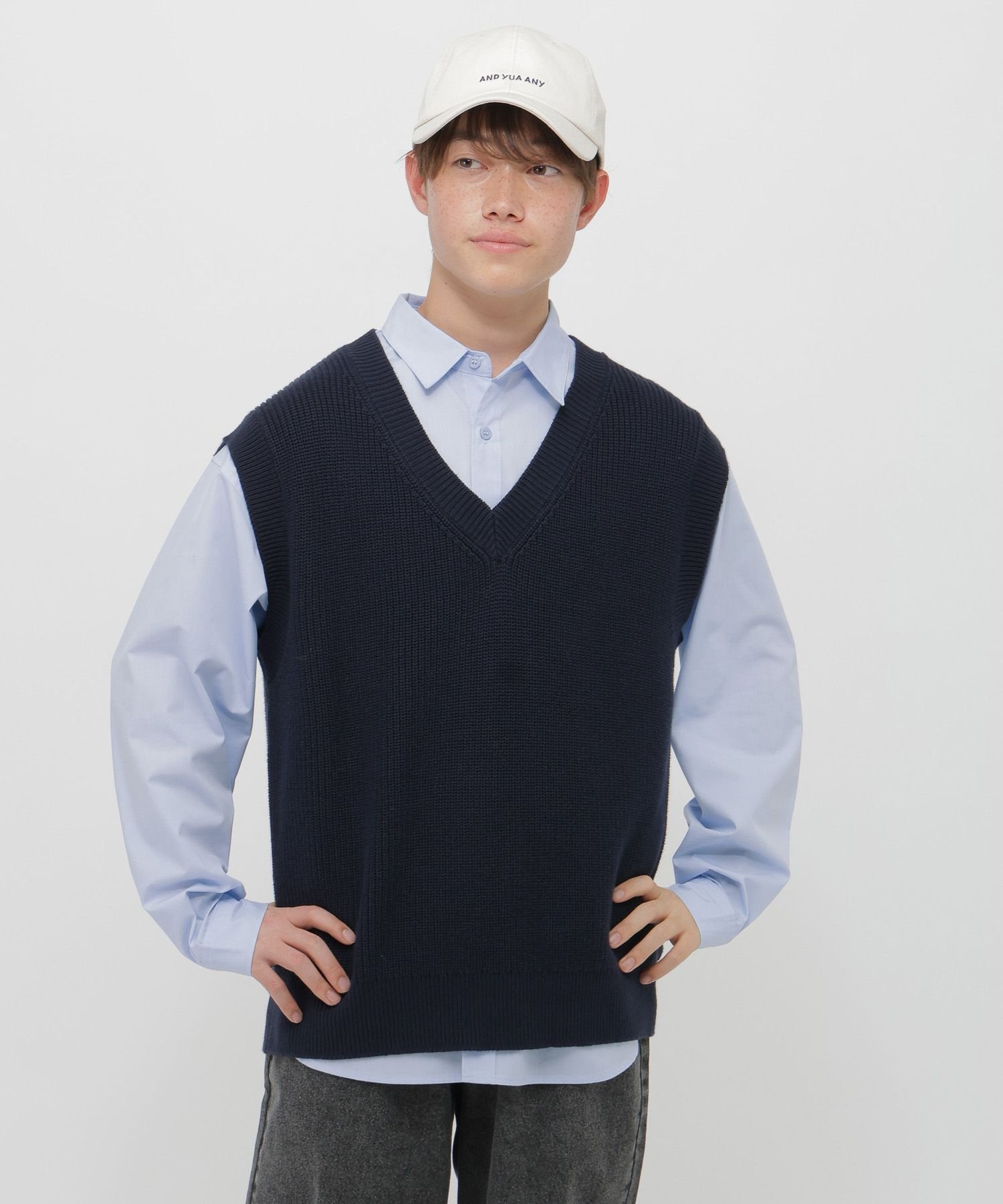 2SET*Жилет*Рубашка/И ЛЮБОЙ ВАРИАНТ/633845 GLOBAL WORK, Blue shirt x navy vest 88