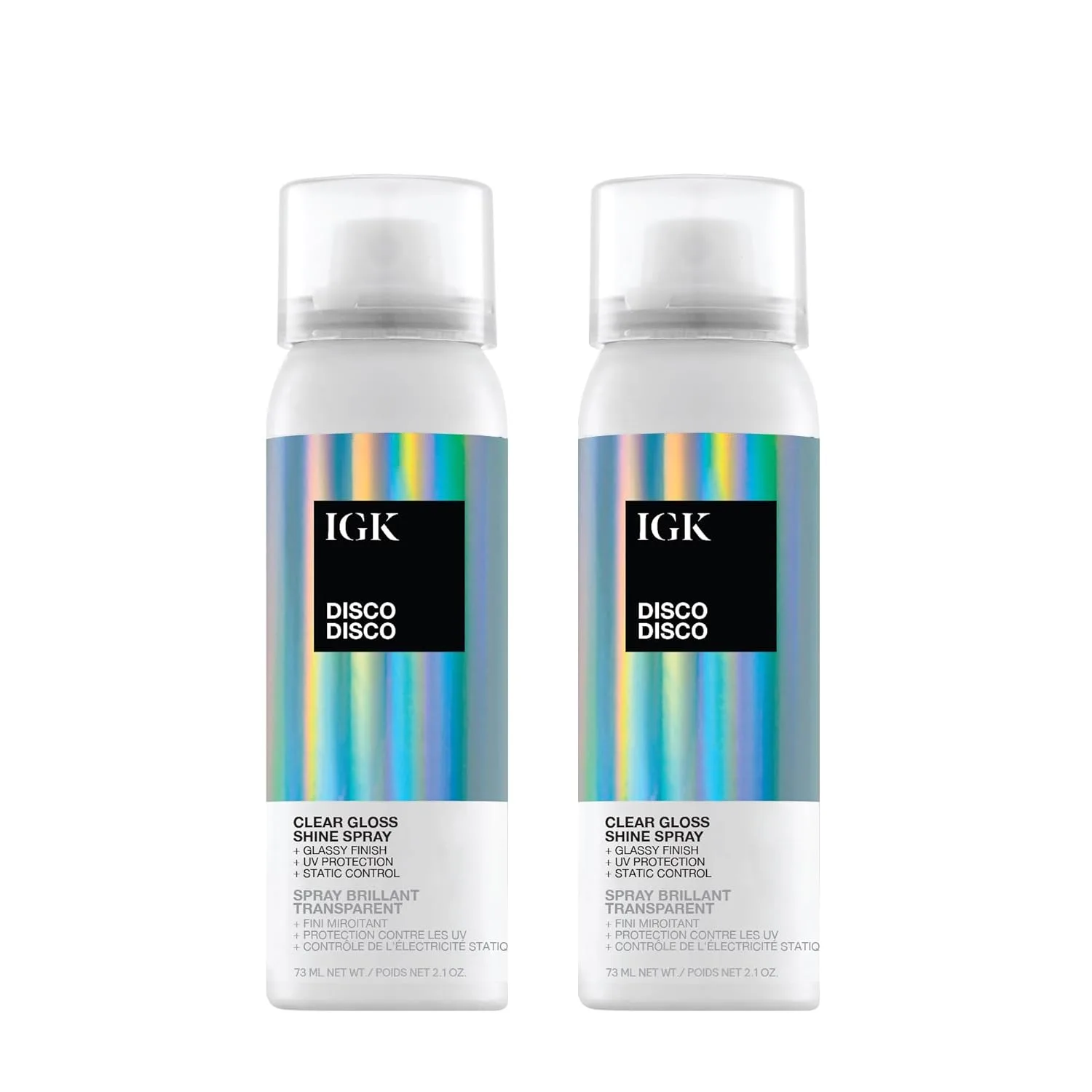 IGK Disco Disco Clear Gloss Shine Spray - дорожный размер, 2 шт. - спрей для придания блеска и защиты от УФ-излучения - веганский продукт, не тестируется на животных.
