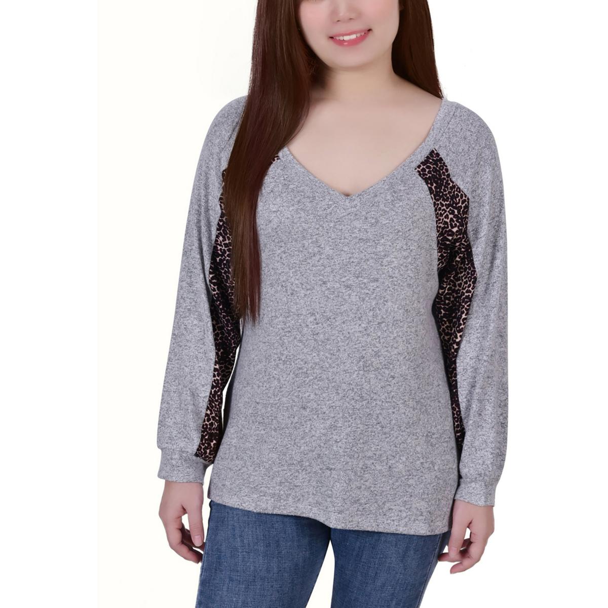 

Petites Женский легкий пуловер с разрезом по низу NY Collection, цвет heather gray cheetah