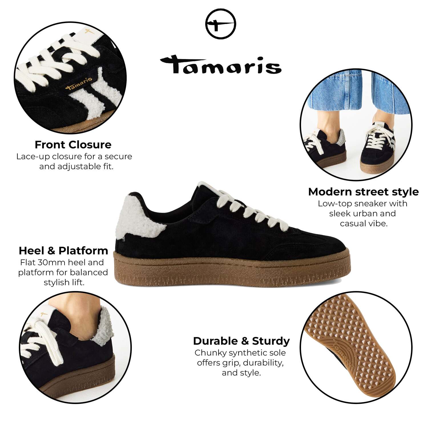 Женские кроссовки Tamaris из замши и кожи с мехом, черно-белые, модные, со шнуровкой TMRS — фото 2