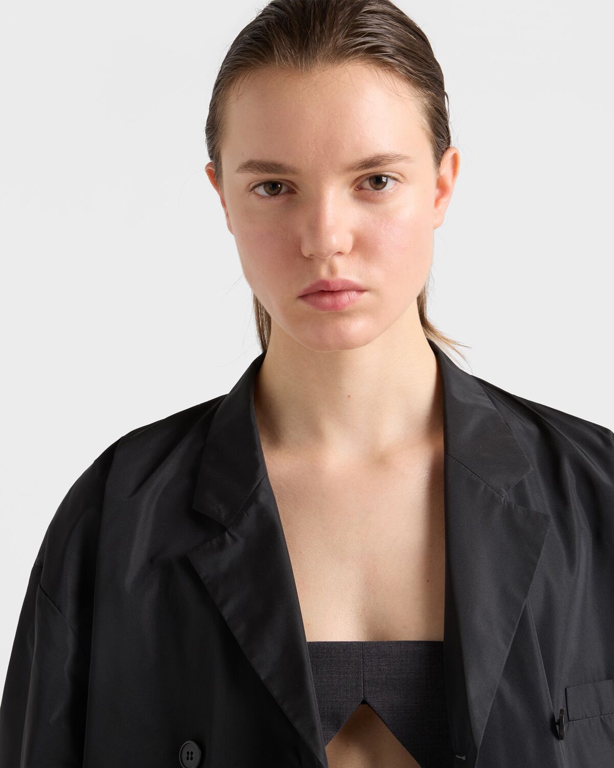 Двубортный жакет из технической тафты Prada, черный — фото 4