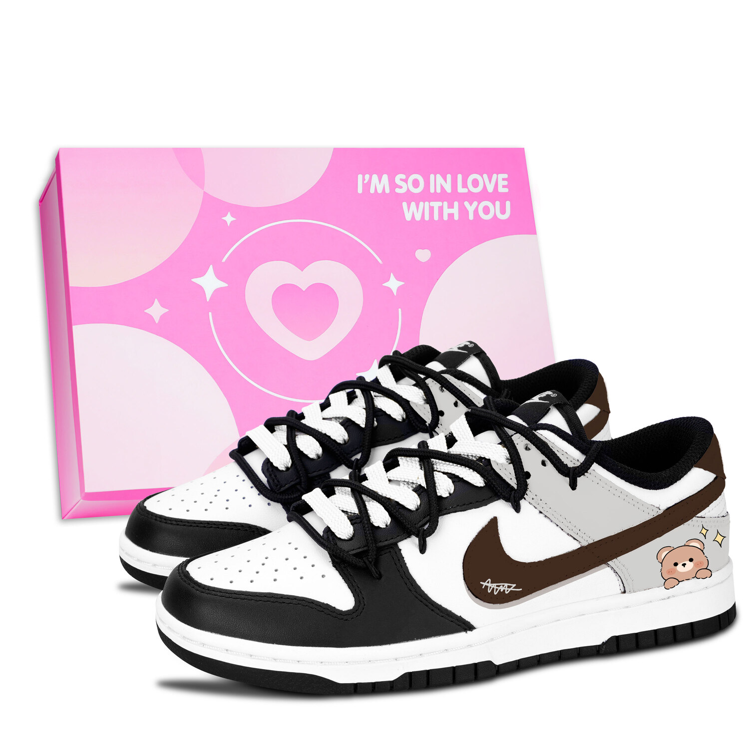 

Nike Dunk Black White, Brown Bear Urban Chic Style Leather Slip Resistant Abrasion Resistant Lightweight Cushioning