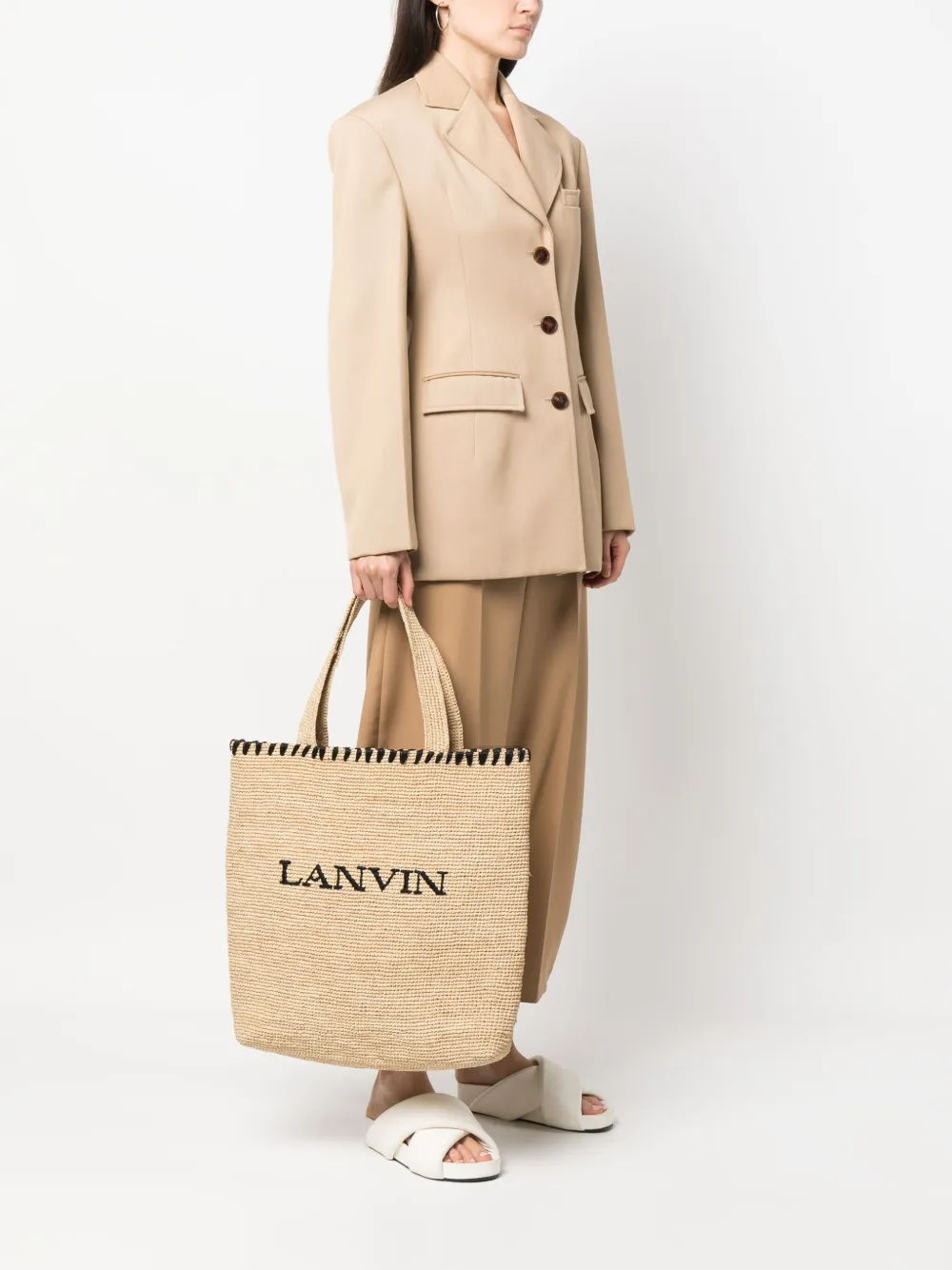 Сумка-тоут из рафии с вышитым логотипом Lanvin, нейтральный — фото 2